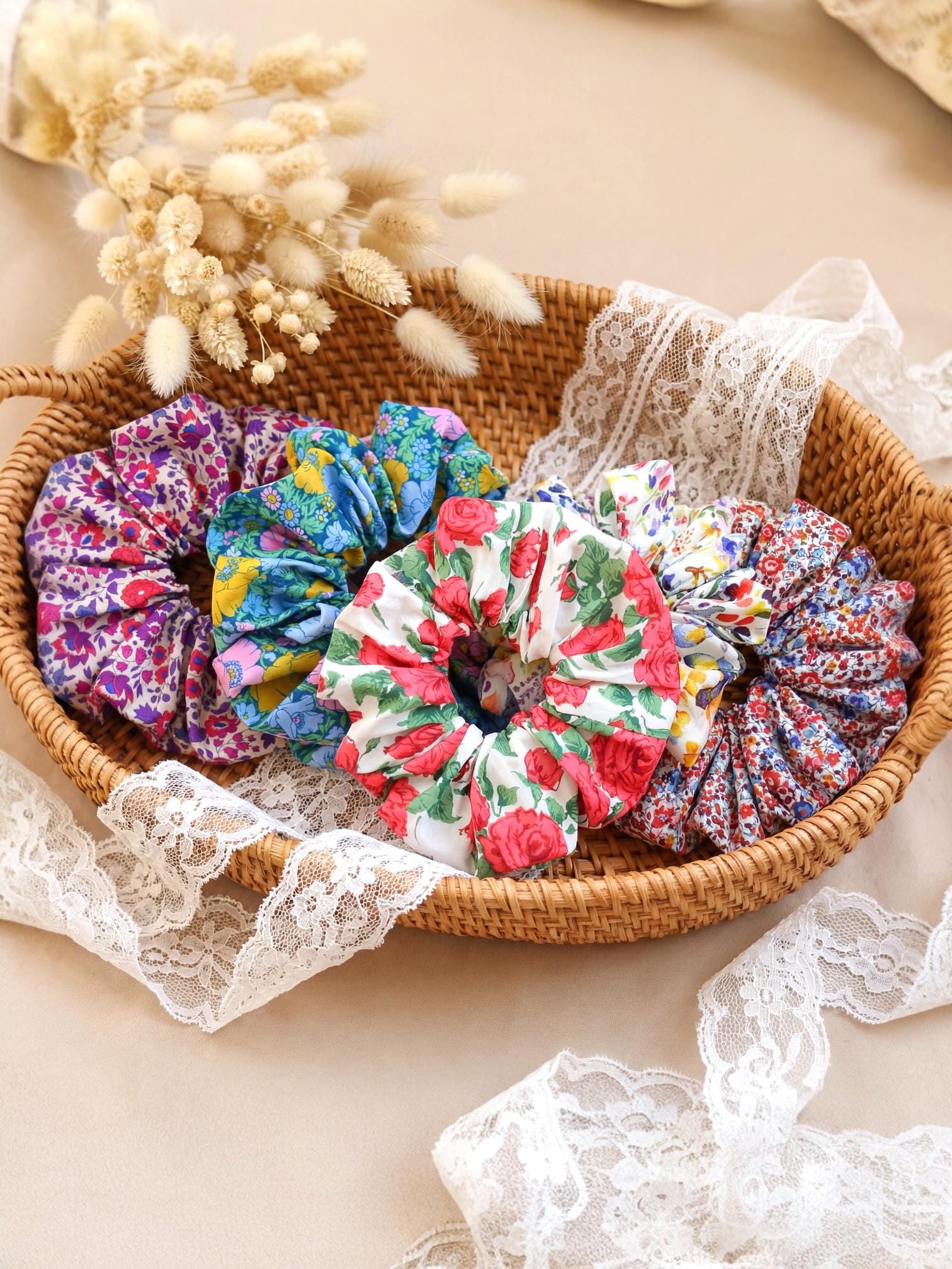 Liberty London Handmade Scrunchies, Personalised Accessories, Versatile Botanical Boho-inspired Hair-ties, Sustainable Customised Hairbands