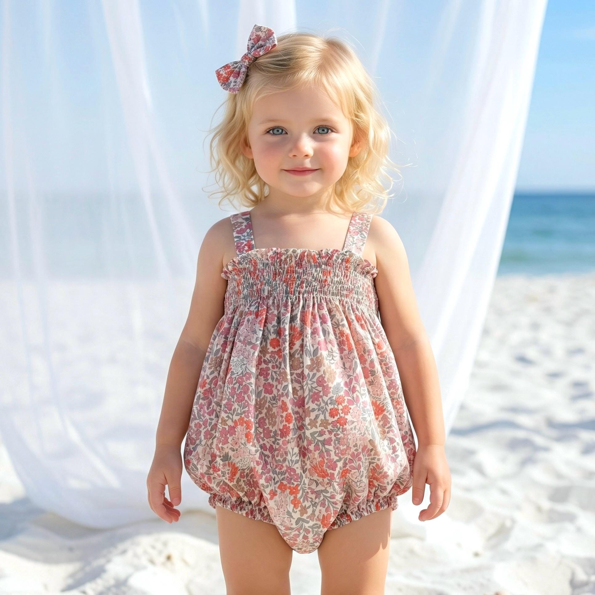 Liberty London Smock Bubble Sleeveless Romper, Handmade Personalised Cotton Children Clothing, Sustainable Tailoring Sunsuit