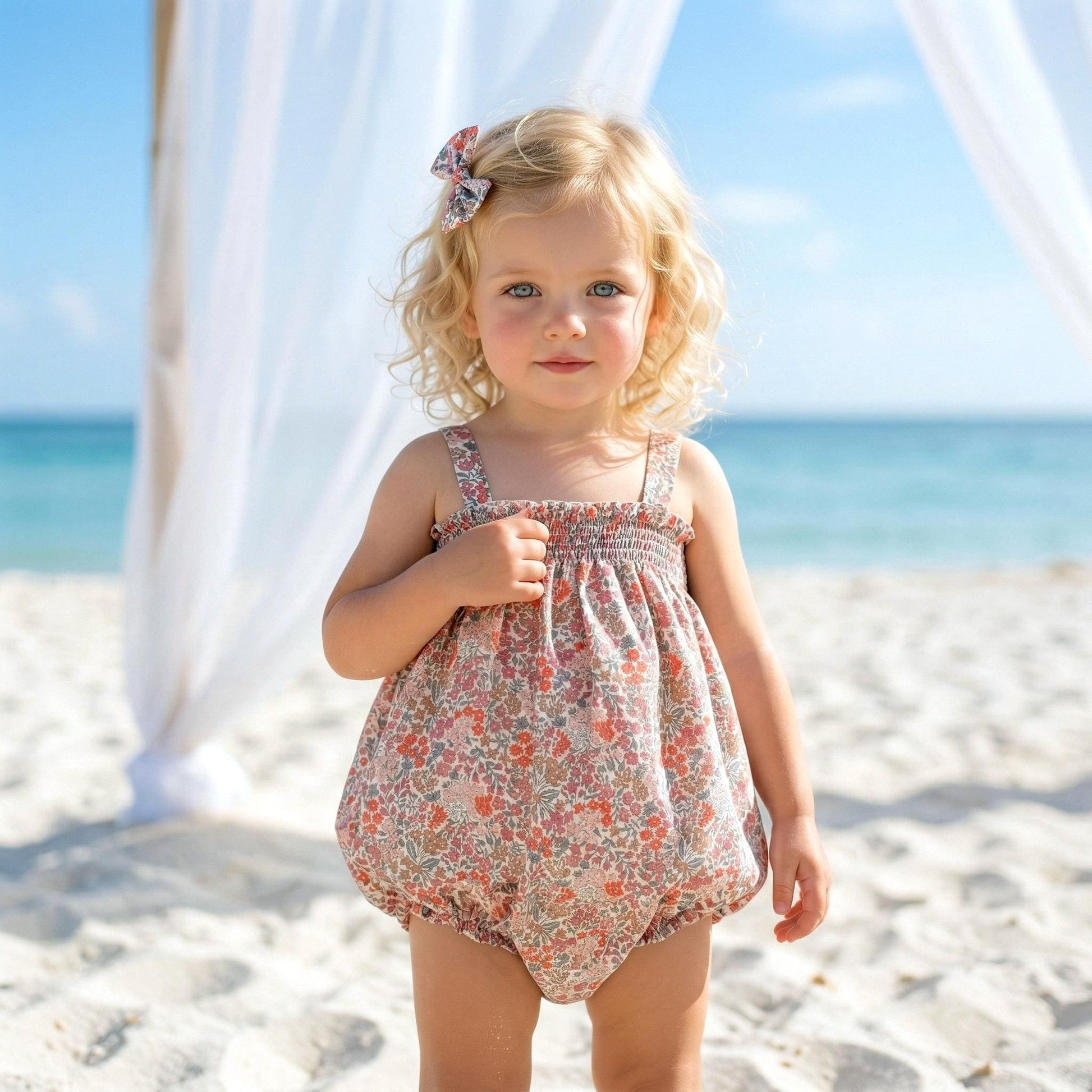 Liberty London Smock Bubble Sleeveless Romper, Handmade Personalised Cotton Children Clothing, Sustainable Tailoring Sunsuit