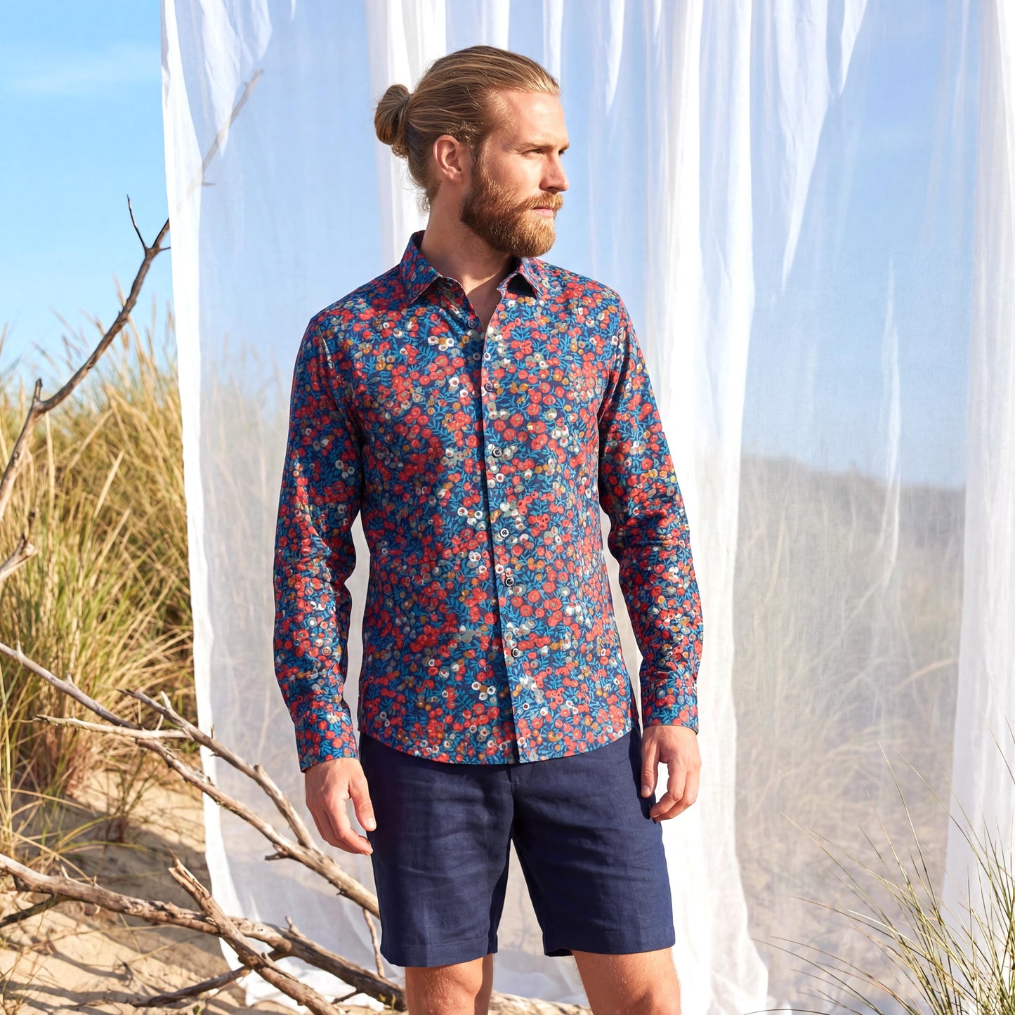 Liberty London Long-sleeved Button-up Shirt, Personalised Menswear, Tailoring Chemise, Sustainable Cotton Clothing, Botanical Design
