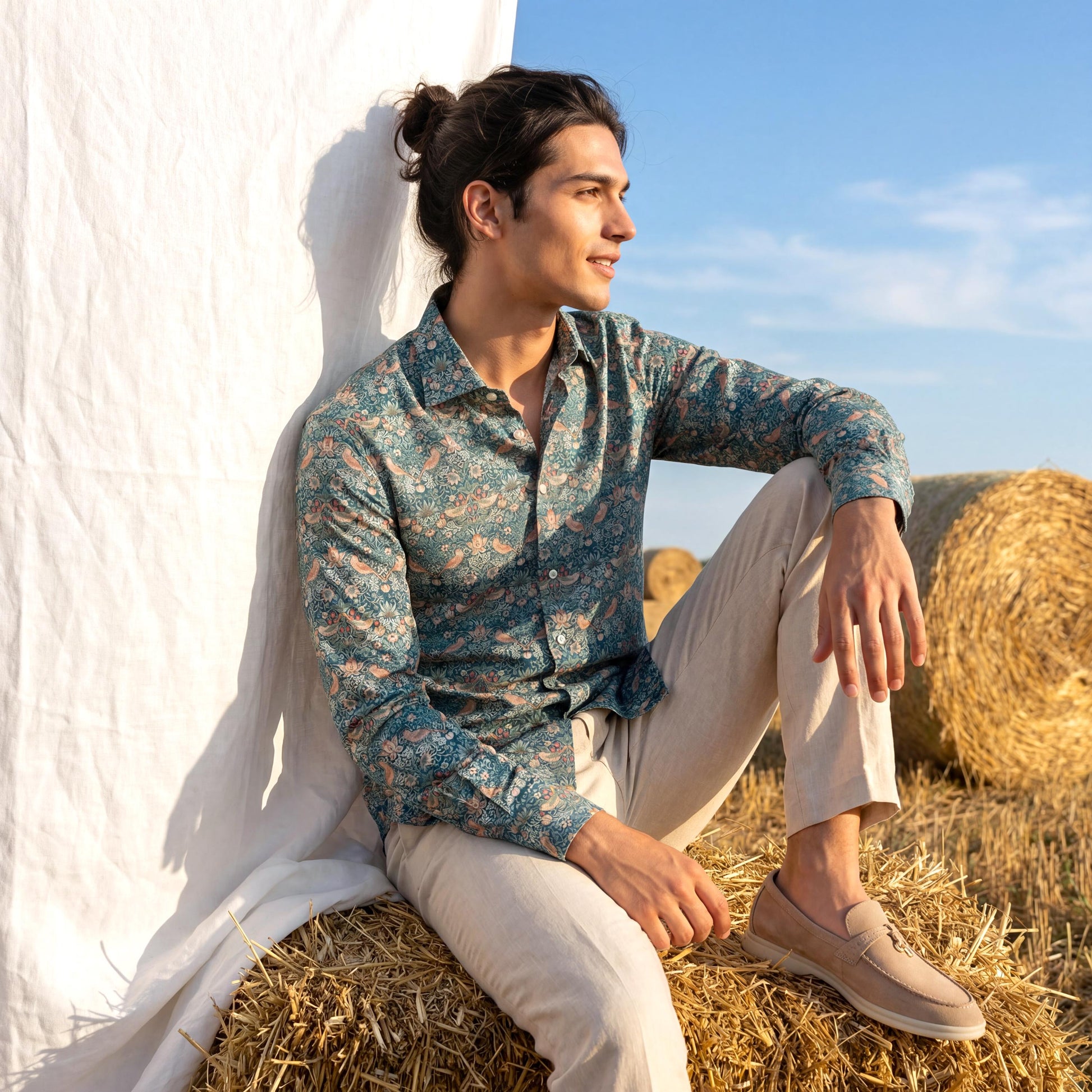 Liberty London Long-sleeved Button-up Shirt, Personalised Menswear, Tailoring Chemise, Sustainable Cotton Clothing, Botanical Design