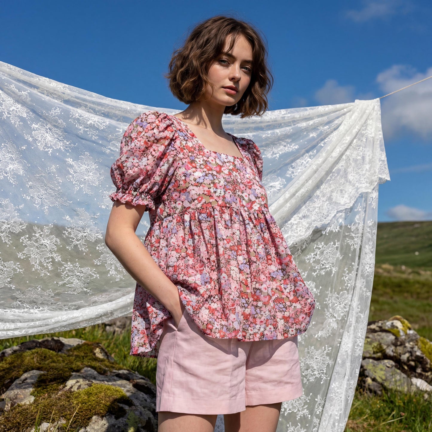 Liberty London Peplum Blouse, Square Neck Short-sleeved Top, Handmade Sustainable Cotton Clothing, Personalised Womenswear