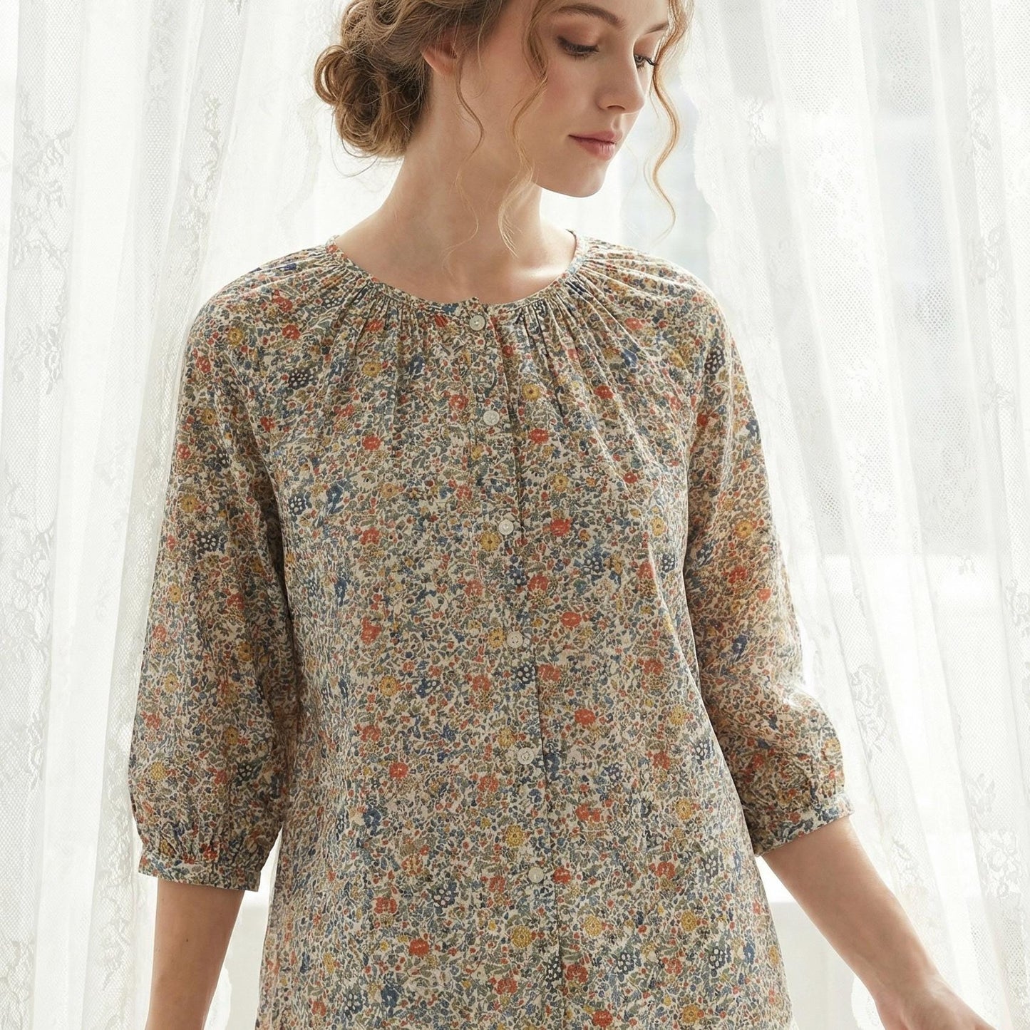 Liberty London Gathered Blouse, Three-quarter Bishop Sleeves Shirt, Handcrafted Tailoring Clothing, Button-up Botanical Chemise