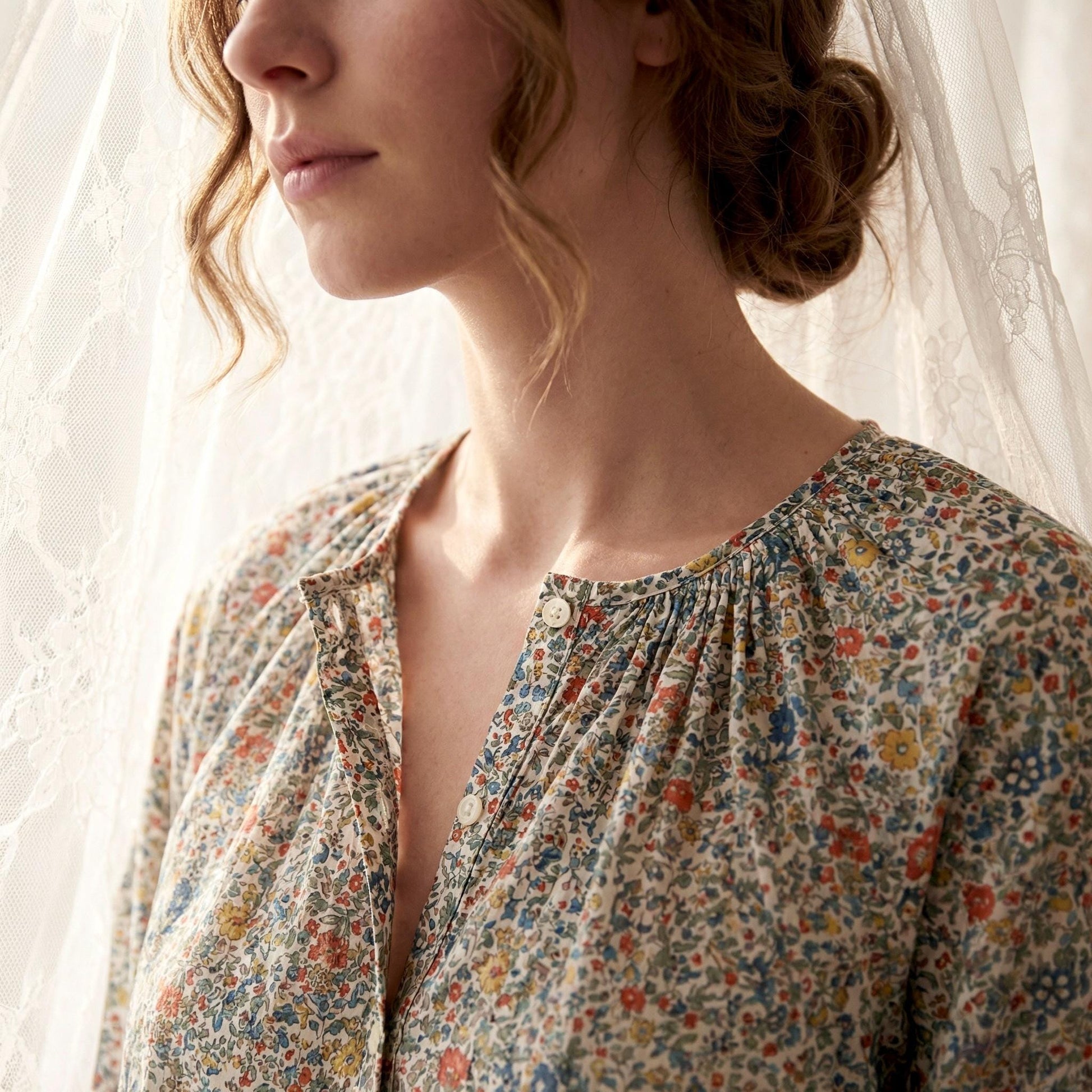 Liberty London Gathered Blouse, Three-quarter Bishop Sleeves Shirt, Handcrafted Tailoring Clothing, Button-up Botanical Chemise