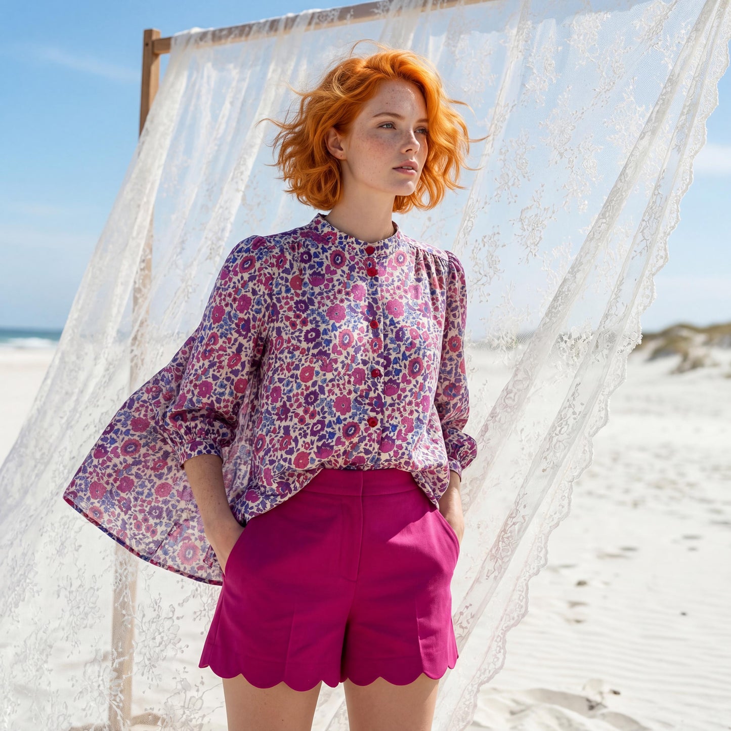 Liberty London Mandarin Collar Blouse, Bishop Three-quarter Sleeves Shirt, Handmade Womenswear, Sustainable Cotton Clothing