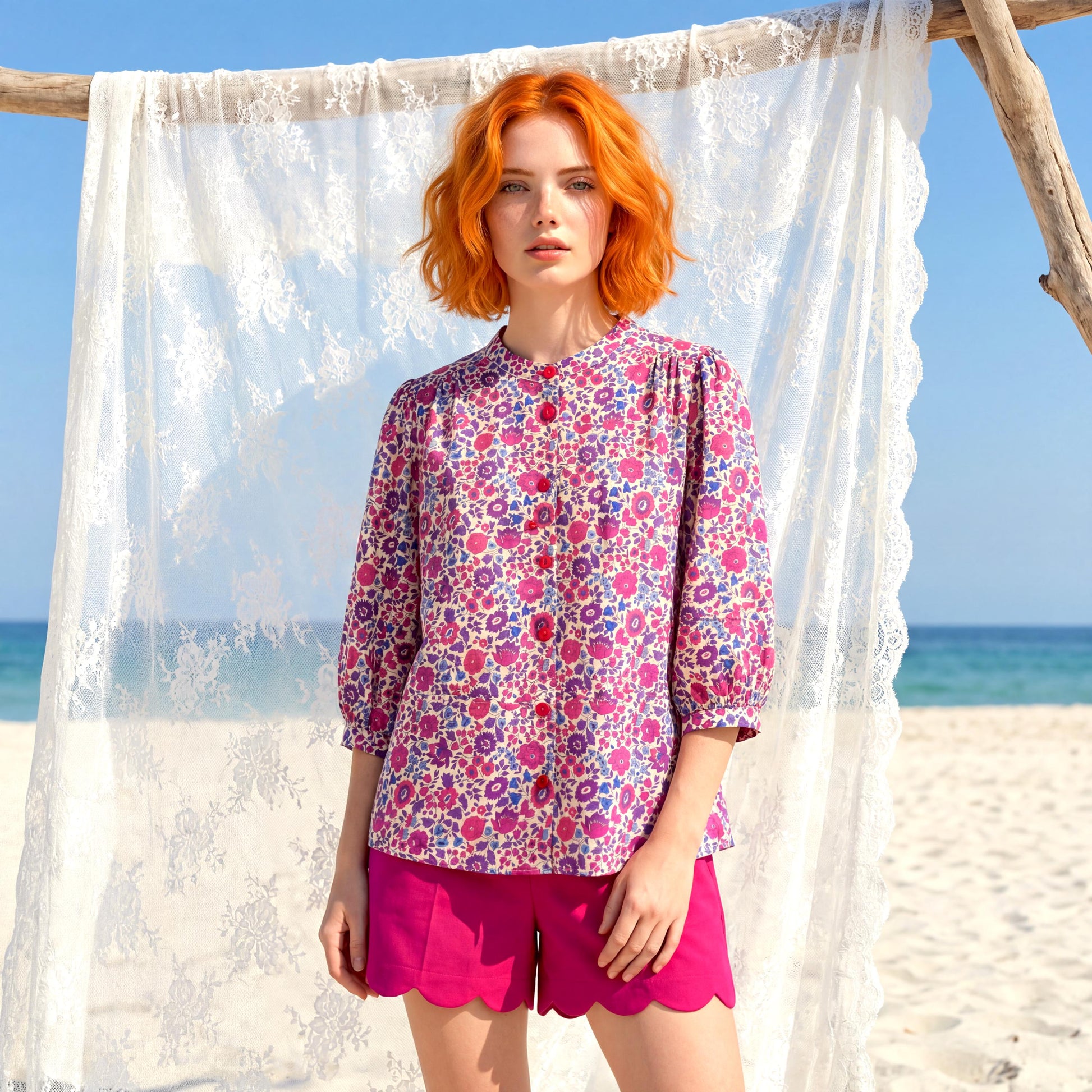 Liberty London Mandarin Collar Blouse, Bishop Three-quarter Sleeves Shirt, Handmade Womenswear, Sustainable Cotton Clothing