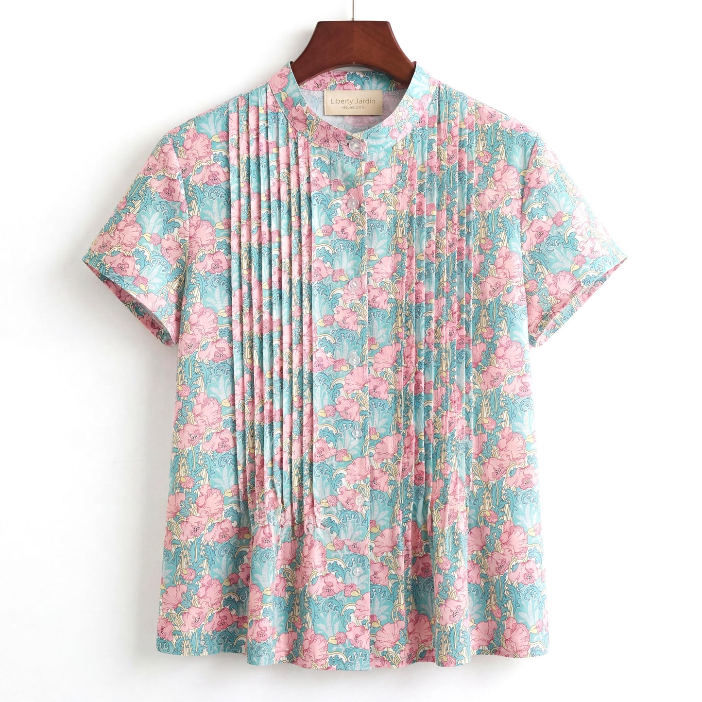 Liberty London Mandarin Collared Pin-tuck Short-sleeved Top, Button-up Blouse, Handcrafted Personalised Shirt, Tailoring Chemise