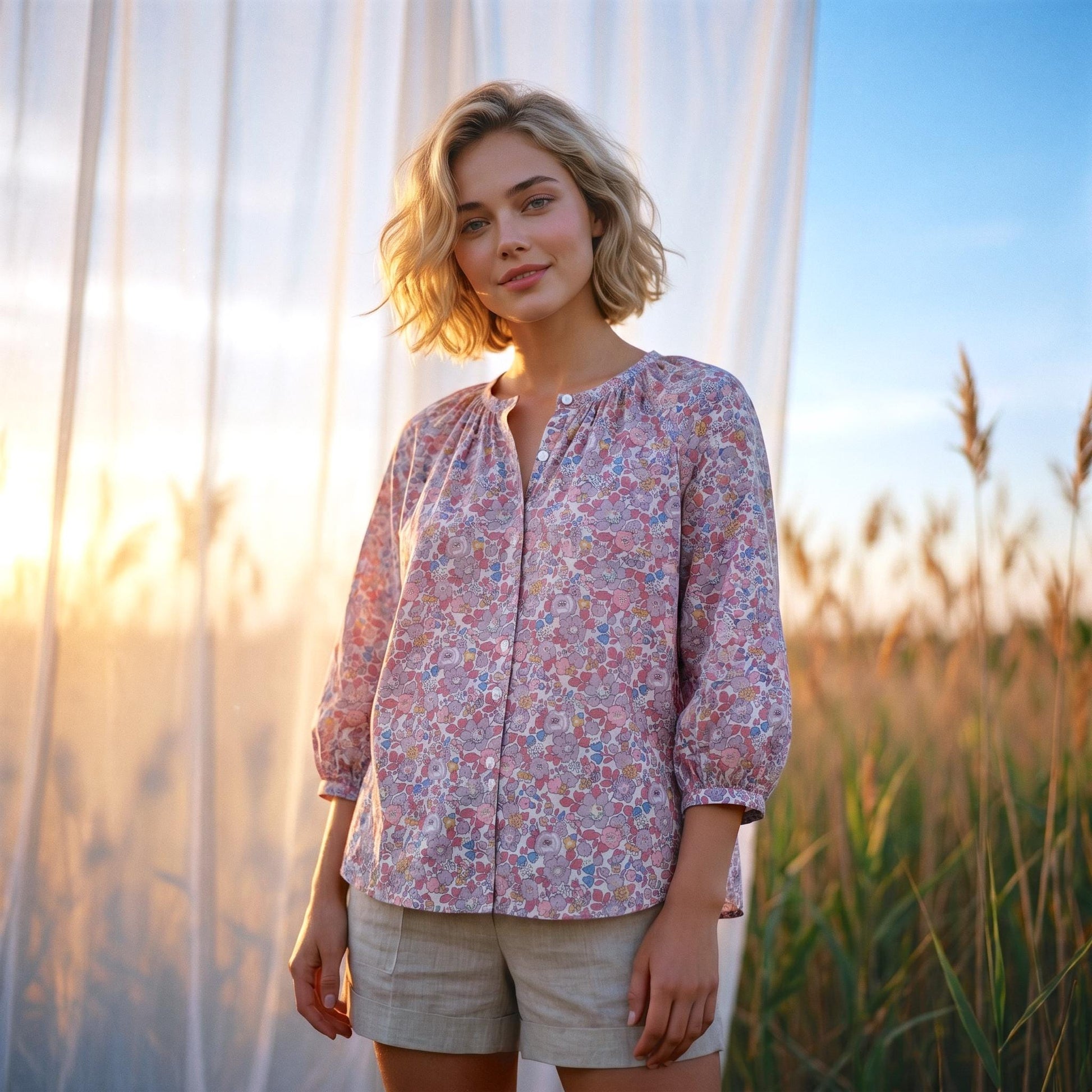 Liberty London Gathered Blouse, Three-quarter Bishop Sleeves Shirt, Handcrafted Tailoring Clothing, Button-up Botanical Chemise