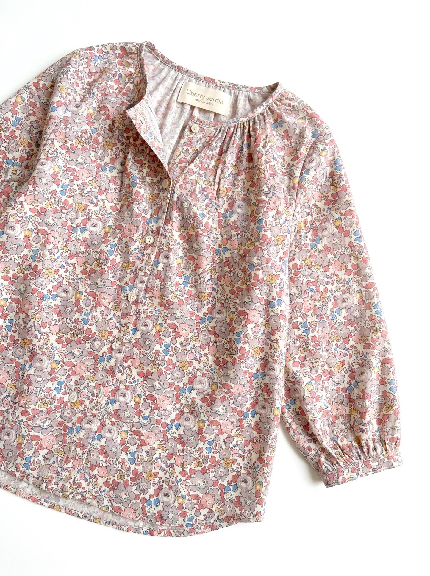 Liberty London Gathered Blouse, Three-quarter Bishop Sleeves Shirt, Handcrafted Tailoring Clothing, Button-up Botanical Chemise