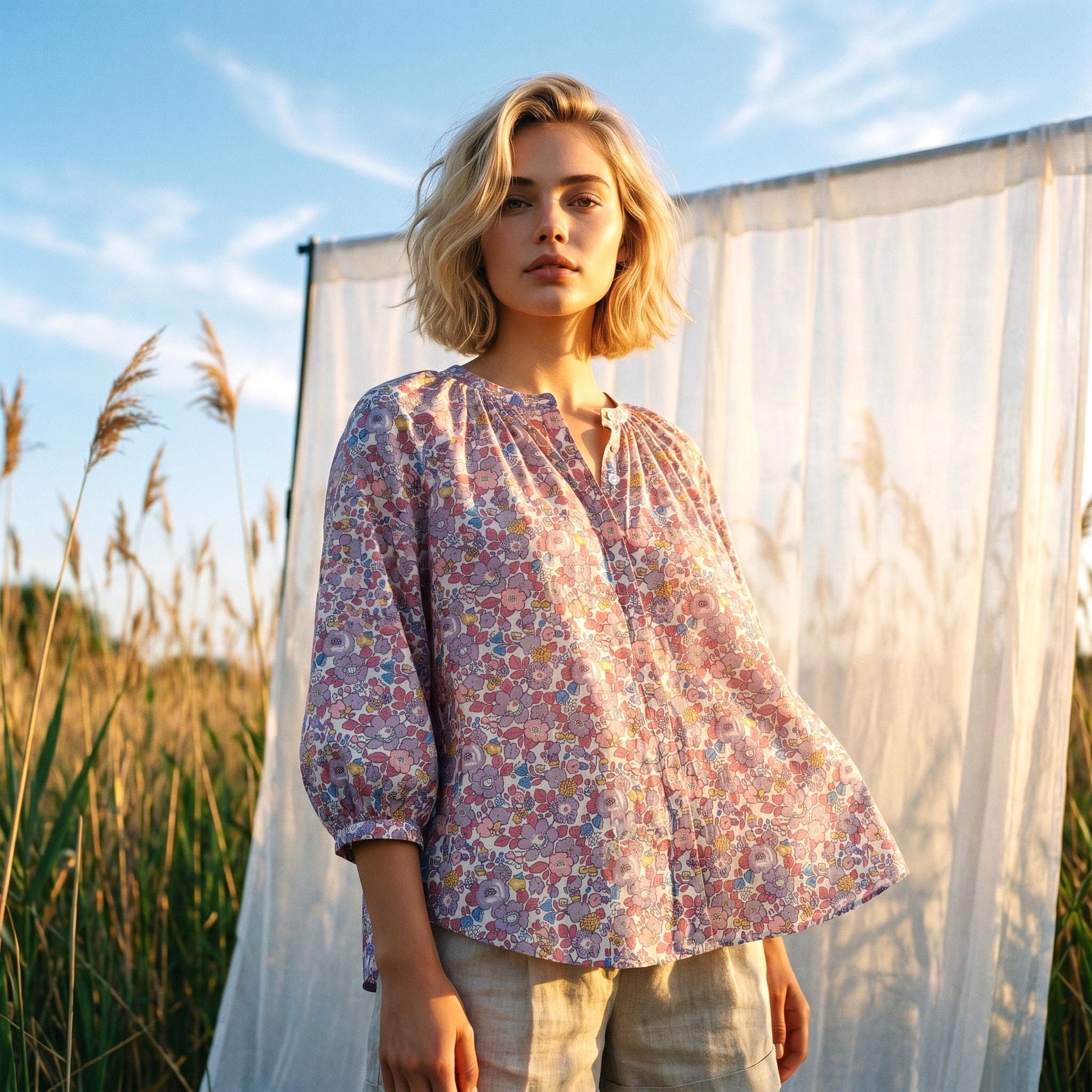 Liberty London Gathered Blouse, Three-quarter Bishop Sleeves Shirt, Handcrafted Tailoring Clothing, Button-up Botanical Chemise