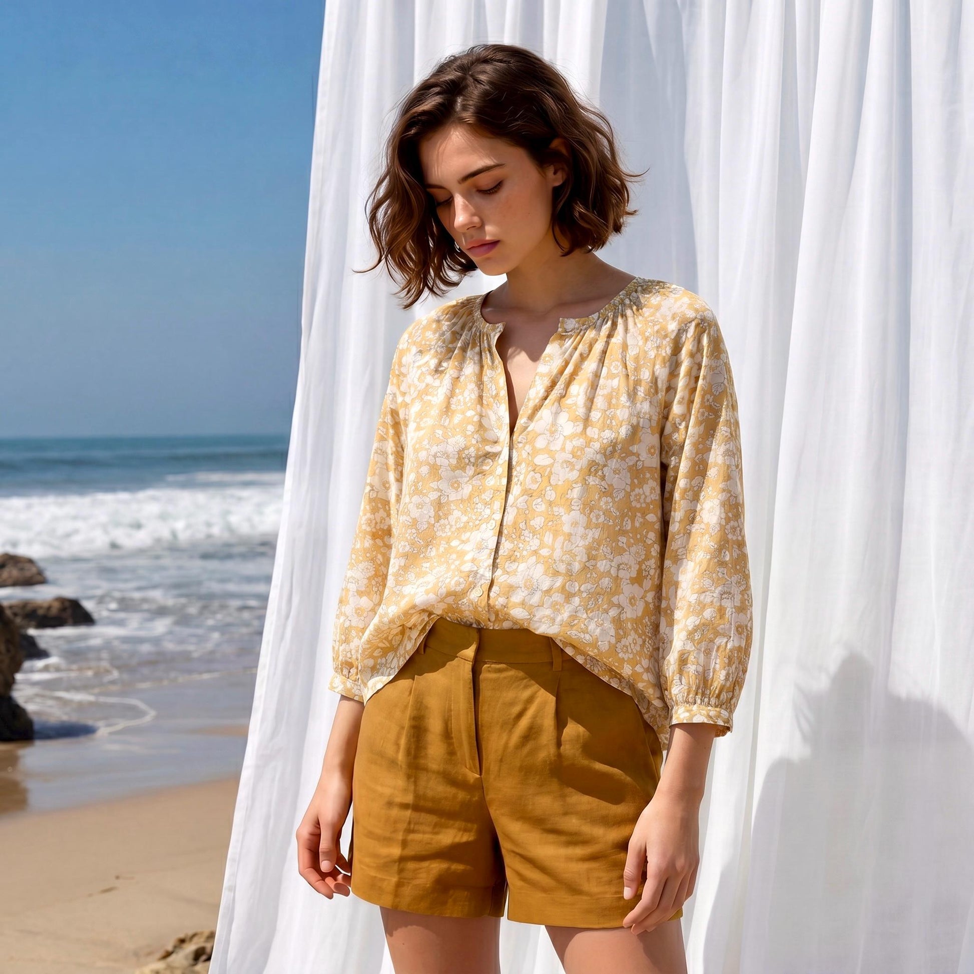 Liberty London Gathered Blouse, Three-quarter Bishop Sleeves Shirt, Handcrafted Tailoring Clothing, Button-up Botanical Chemise
