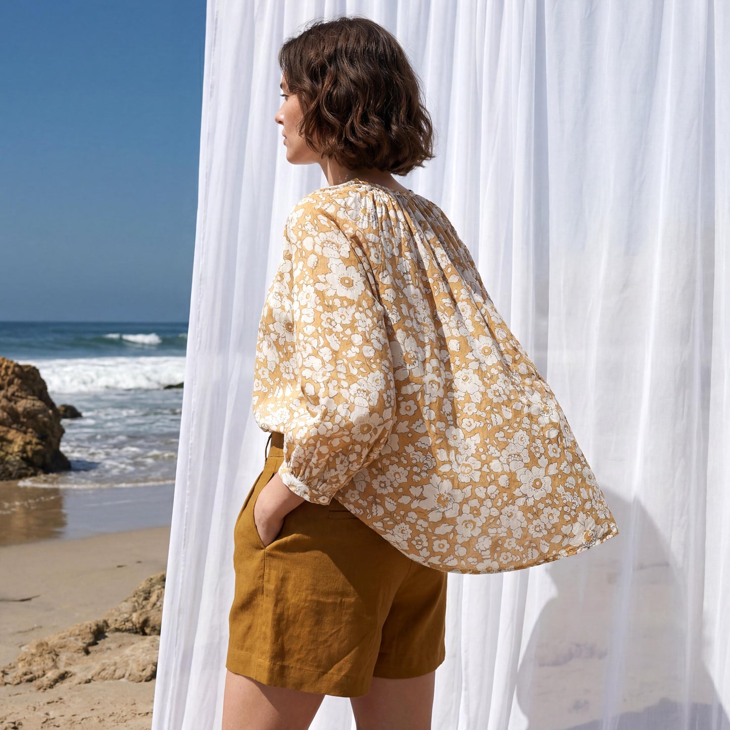 Liberty London Gathered Blouse, Three-quarter Bishop Sleeves Shirt, Handcrafted Tailoring Clothing, Button-up Botanical Chemise