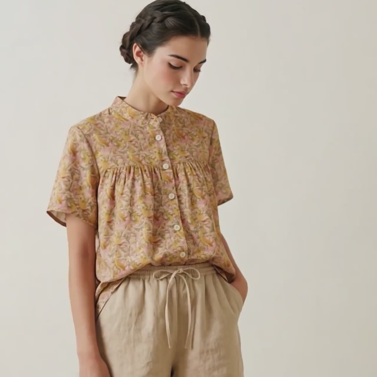 Liberty London Mandarin-Collared Smock Top, Handmade Button-Up Blouse Short-Sleeved , Botanical Floral-Print Chemise, Ethical Clothing