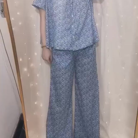 Liberty London Tana Lawn Loungewear Set, Blue Floral Palazzo Pants, Mandarin Collar Blouse