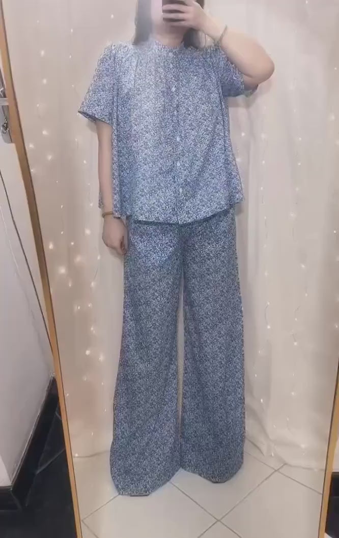 Liberty London Tana Lawn Loungewear Set, Blue Floral Palazzo Pants, Mandarin Collar Blouse