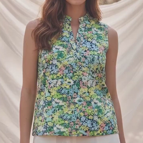 Liberty London Mandarin Collared Button-up Blouse, Handmade Womenswear Floral Print Clothing, Botanical Sustainable Loungewear