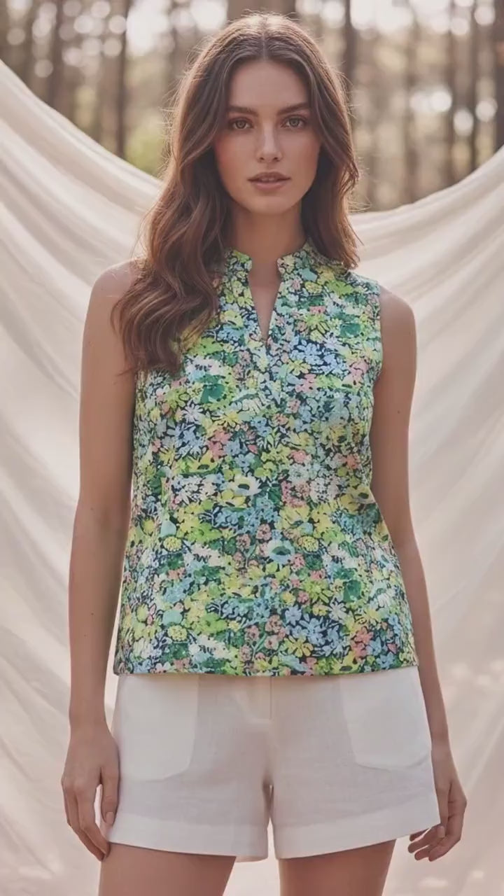 Liberty London Mandarin Collared Button-up Blouse, Handmade Womenswear Floral Print Clothing, Botanical Sustainable Loungewear