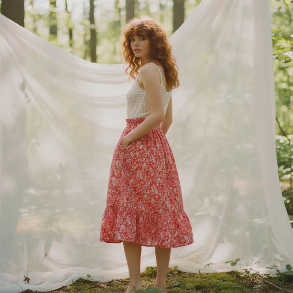 Liberty London Ditsy Floral Tiered Midi Skirt, Handmade Cotton Tana Lawn, Ruffle Waist