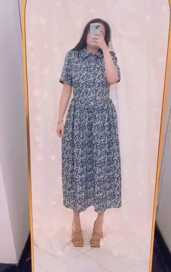 Liberty London Maxi Dress: Peter Pan Collar Ruffle Trim, Short Sleeves Button Front