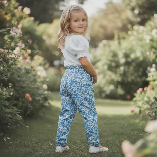 Liberty London Cotton Blue Floral Print Trousers, Ruffle Elastic High Waist Tapper Pants