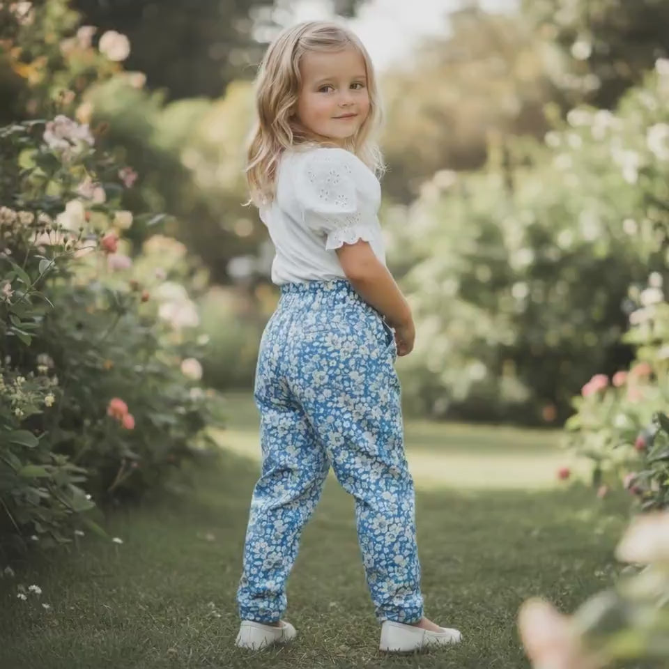 Liberty London Cotton Blue Floral Print Trousers, Ruffle Elastic High Waist Tapper Pants