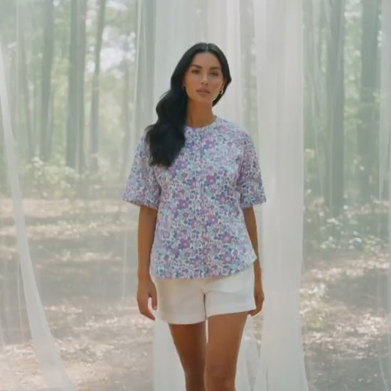 Liberty London Button-through Top, Half-sleeved Botanical Handmade Blouse, Sustainable Eco-friendly Womenswear, Floral-print Cotton T-shirt