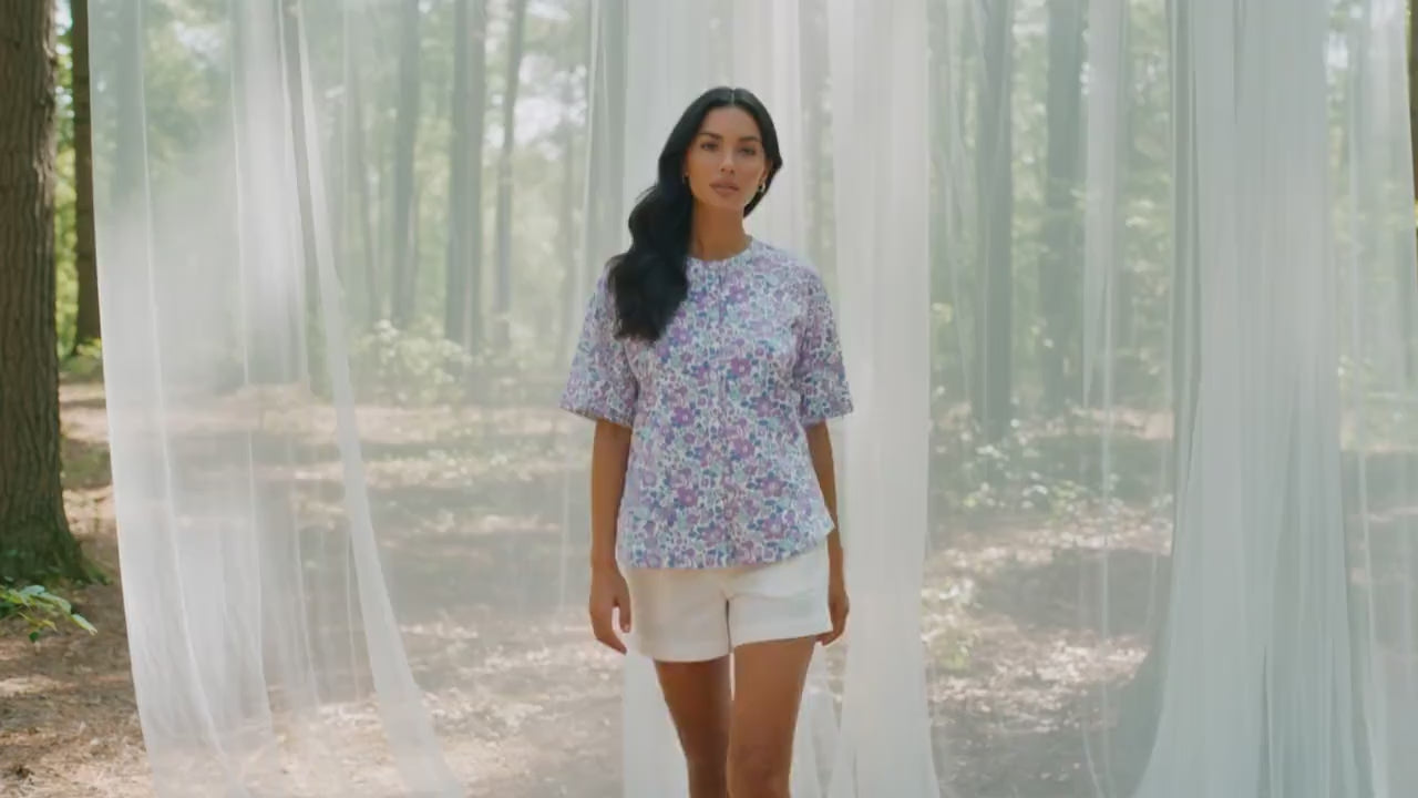 Liberty London Button-through Top, Half-sleeved Botanical Handmade Blouse, Sustainable Eco-friendly Womenswear, Floral-print Cotton T-shirt