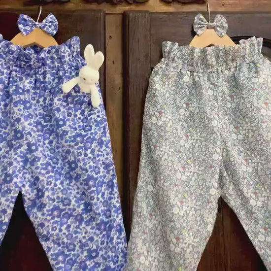 Ruffle Waist Cotton Kid Pants - Liberty of London Floral Print trousers - Children Pants with Pockets - Baby Girl Cotton Tana Lawn Pants