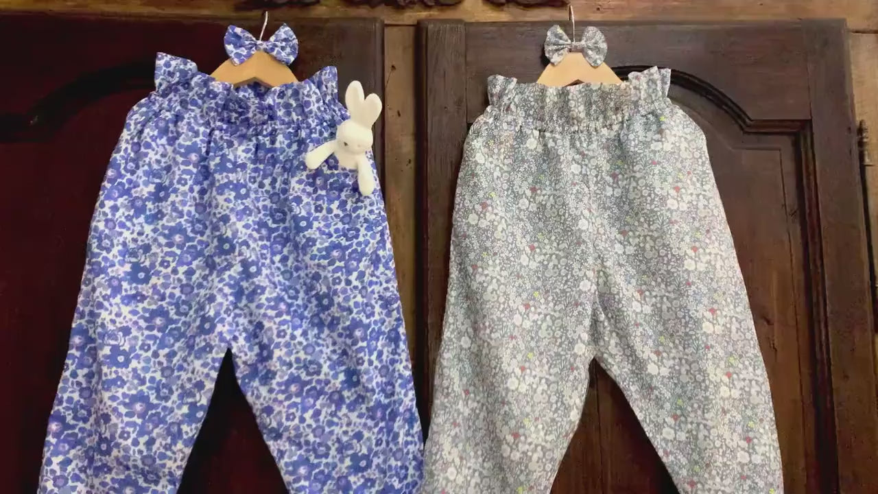 Ruffle Waist Cotton Kid Pants - Liberty of London Floral Print trousers - Children Pants with Pockets - Baby Girl Cotton Tana Lawn Pants
