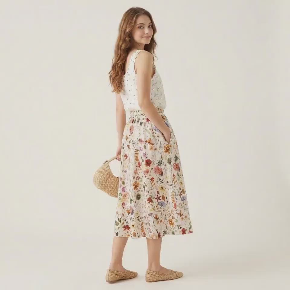 Liberty London Midi-Length Skirt, Handmade Medium Floral-print Womenswear, Slow-fashioned Tailoring Cotton Clothing, Botanical Evening-wear