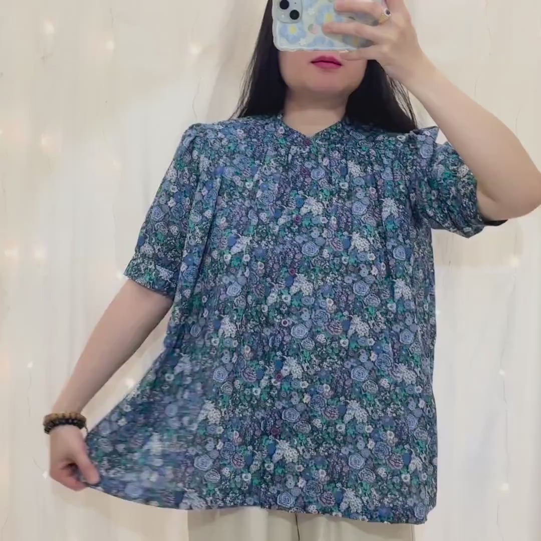 Liberty Mandarin Collar Gather Blouse: Ditsy Floral Print, Botanical Short Sleeve Shirt