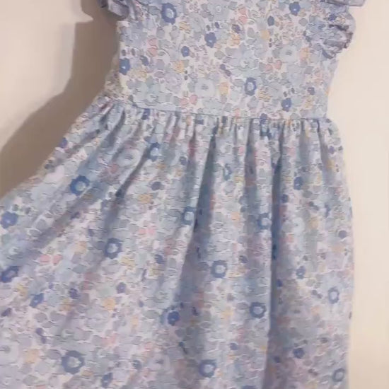 Liberty London Pastel Blue Pink Floral Print Sun Dress, Sleeveless Ruffle Flutter Handmade Dress