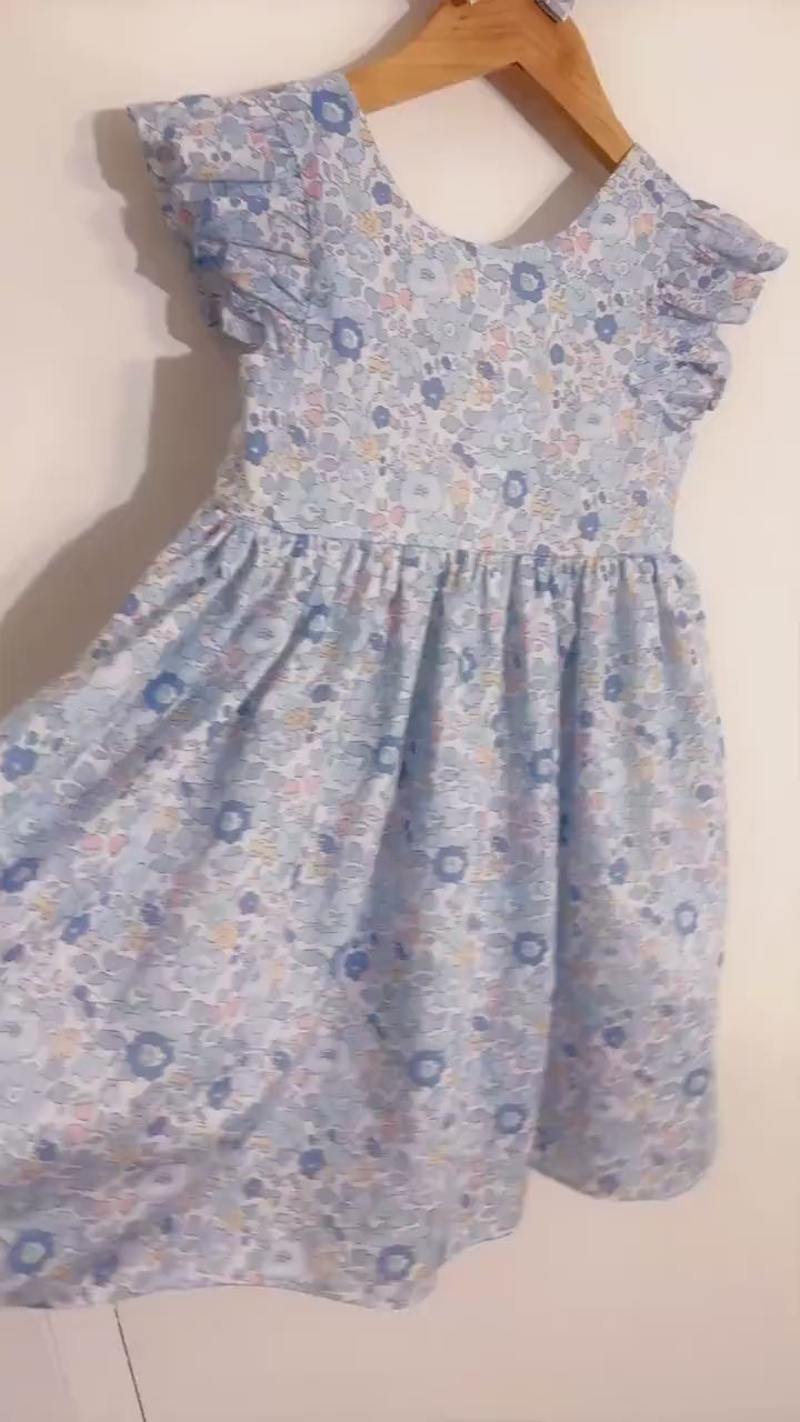 Liberty London Pastel Blue Pink Floral Print Sun Dress, Sleeveless Ruffle Flutter Handmade Dress