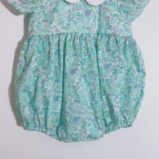 Liberty London Floral Print Bubble Romper,  Pastel Blue Collared Short Sleeves Cotton Handmade Playsuit