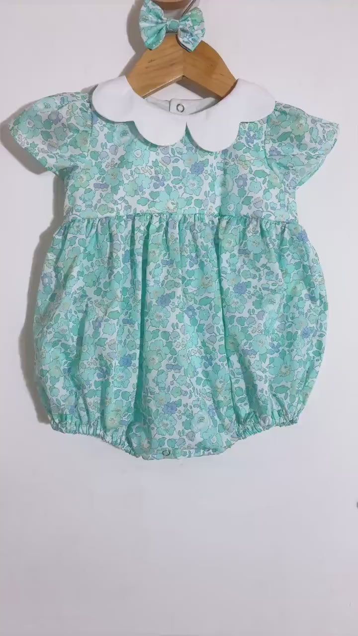 Liberty London Floral Print Bubble Romper,  Pastel Blue Collared Short Sleeves Cotton Handmade Playsuit
