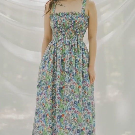 Liberty London Smock Shirred Midi Sun Dress, Handmade Floral Print Cotton Tana Lawn Clothing