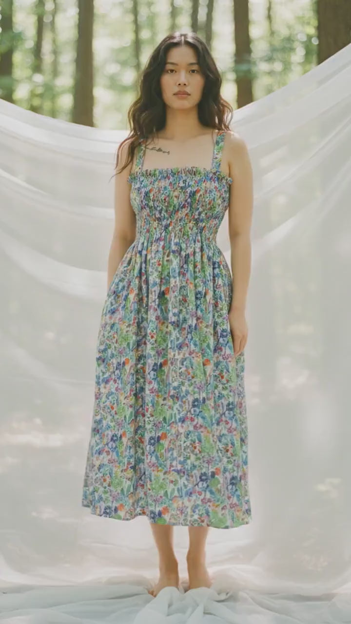 Liberty London Smock Shirred Midi Sun Dress, Handmade Floral Print Cotton Tana Lawn Clothing