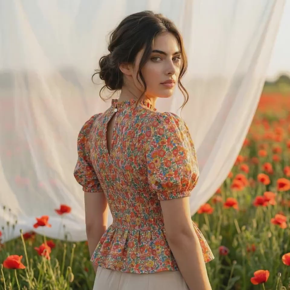 Liberty London Smock-Shirred Peplum Top, Ruffle-collared Handmade Blouse, Sustainable Ethical Clothing, Floral-print Cotton Womenswear