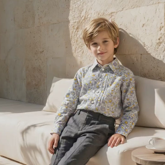 Boys Liberty London Ditsy Floral Cotton Shirt, Mustard Grey White Long Sleeve Top
