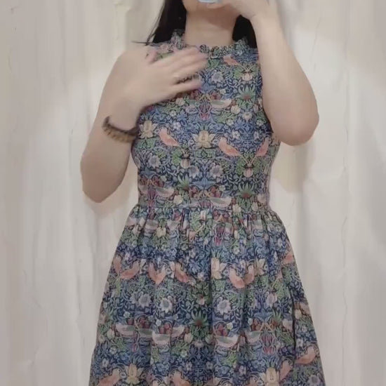 William Morris Print Cotton Dress, Ruffle Collar Sleeveless Midi Dress, Size US 4