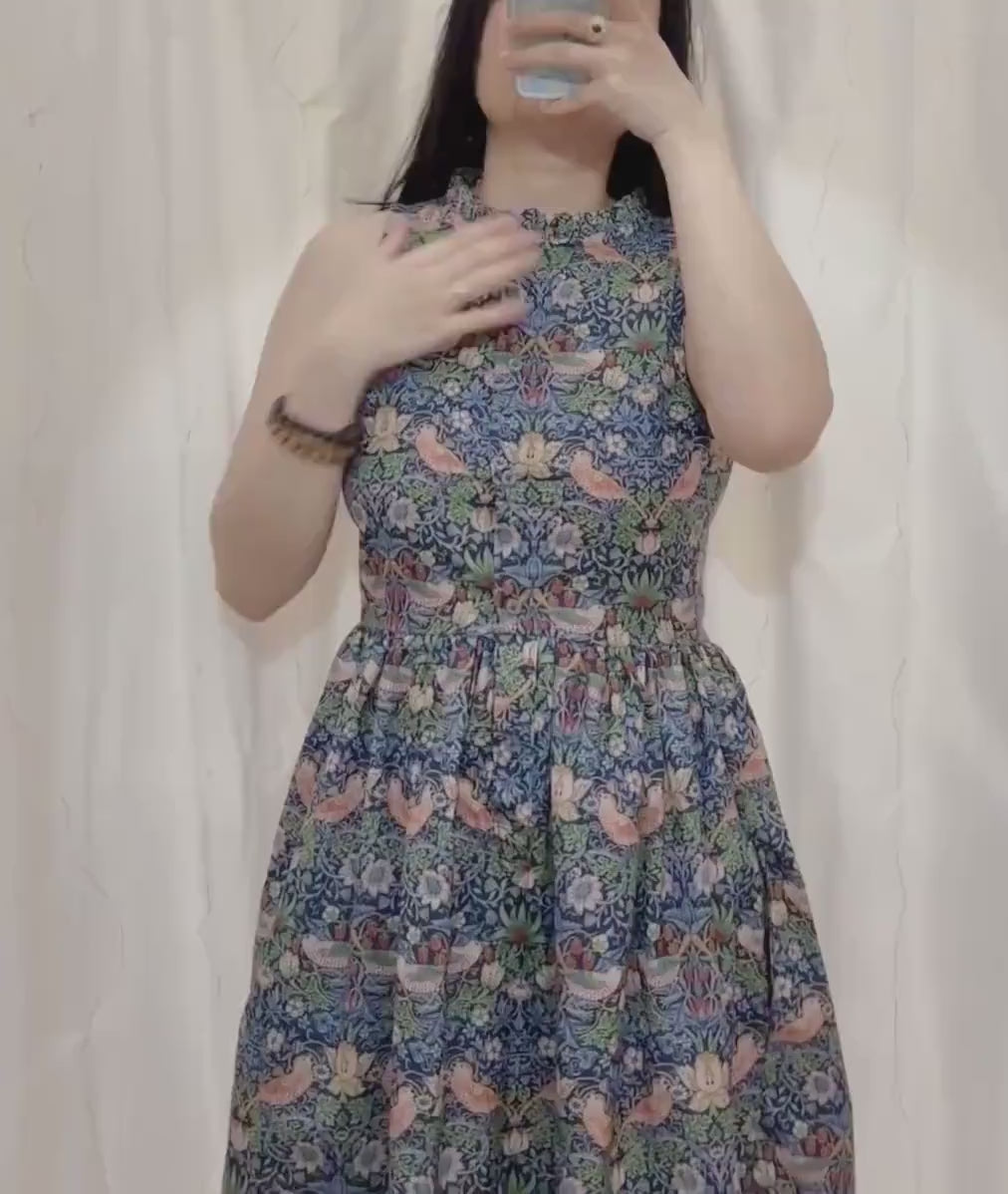 William Morris Print Cotton Dress, Ruffle Collar Sleeveless Midi Dress, Size US 4