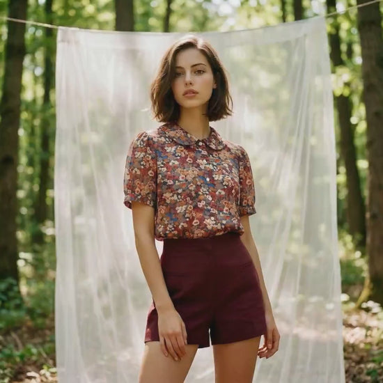 Liberty London Peter-Pan Collared Blouse, Floral-print Cotton Puffed-sleeves Button-up Shirt, Handmade Botanical Cotton Womenswear