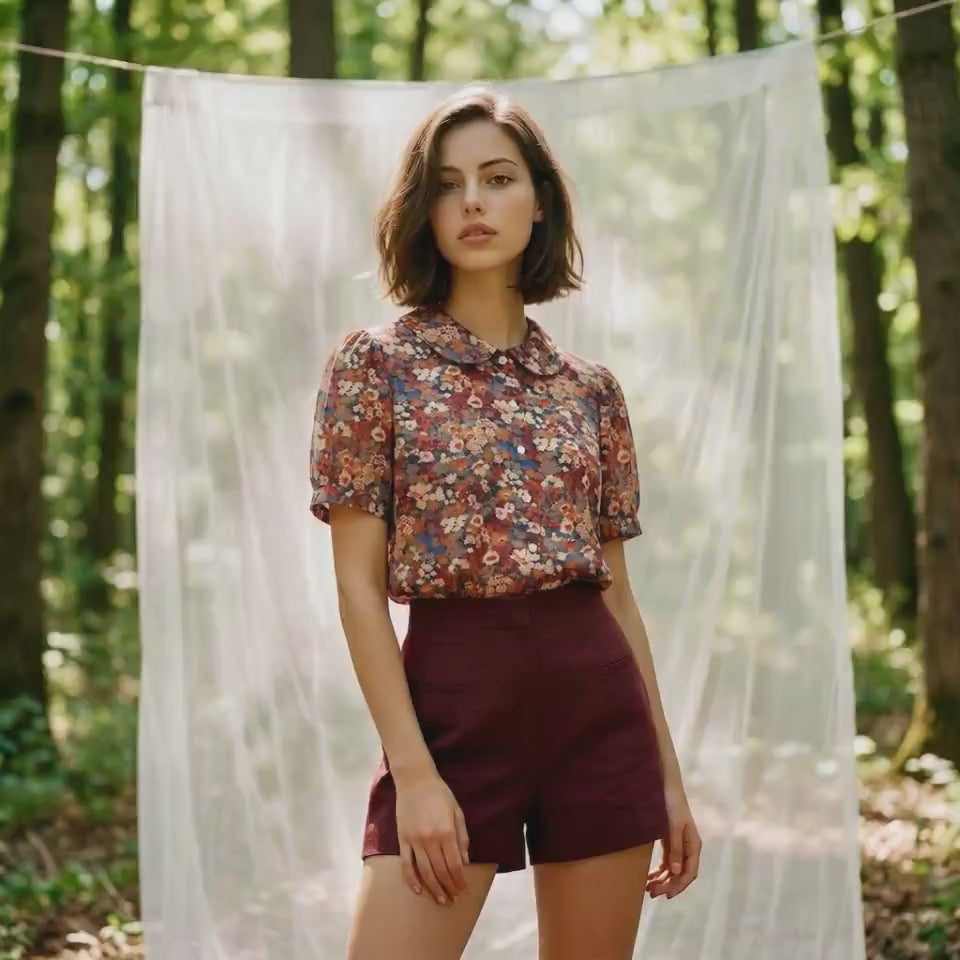 Liberty London Peter-Pan Collared Blouse, Floral-print Cotton Puffed-sleeves Button-up Shirt, Handmade Botanical Cotton Womenswear