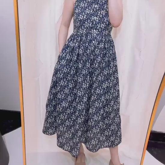 Liberty London Sleeveless Ruffle Collar Midi Sun Dress, Purple Pink Cotton Lawn Handmade Clothing