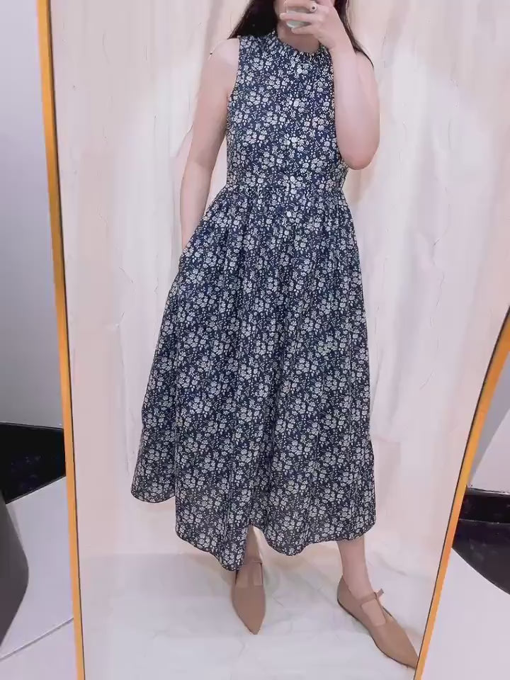 Liberty London Sleeveless Ruffle Collar Midi Sun Dress, Purple Pink Cotton Lawn Handmade Clothing