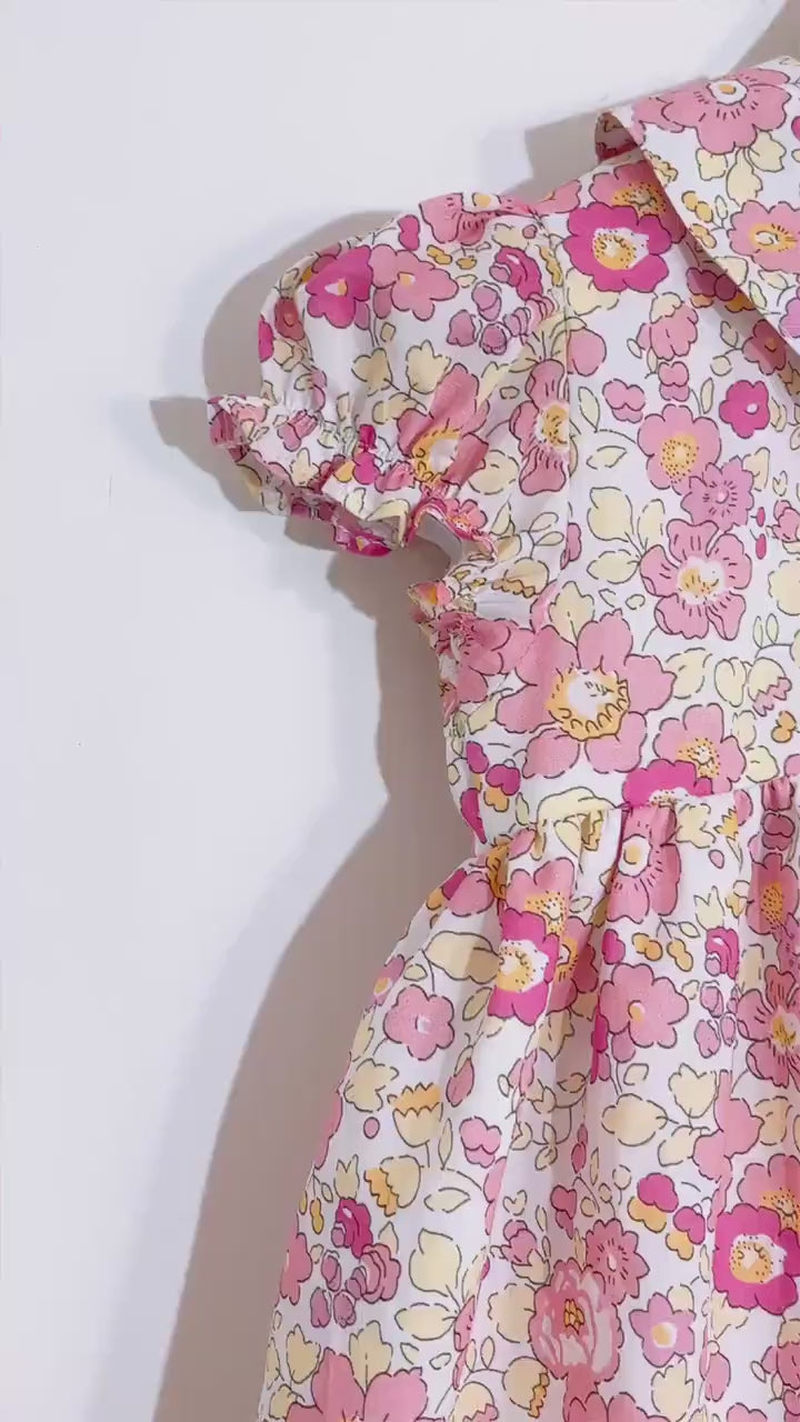Liberty London Smock-Dress, Peter-Pan Collared Babydoll Short-sleeved Gown, Handmade Floral-print Cotton Clothing, Sustainable Children-wear