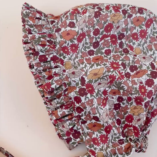 Liberty London Ditsy Floral Print Ruffle Brim Bonnet, Handmade Rust Mustard Cotton Sun Hat