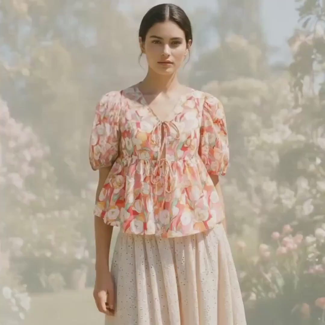 Liberty London V-Neck Peplum Blouse, Puffy Half Sleeves Ditsy Floral Print Top, Handmade Clothing