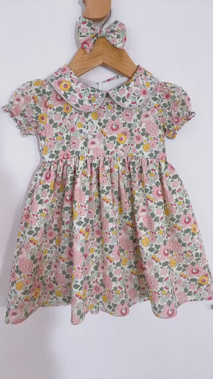 Liberty London Short-sleeved Peter-Pan Collared Dress, Handmade Sustainable Clothing, Ditsy Floral-print Eco-friendly Children Outfit