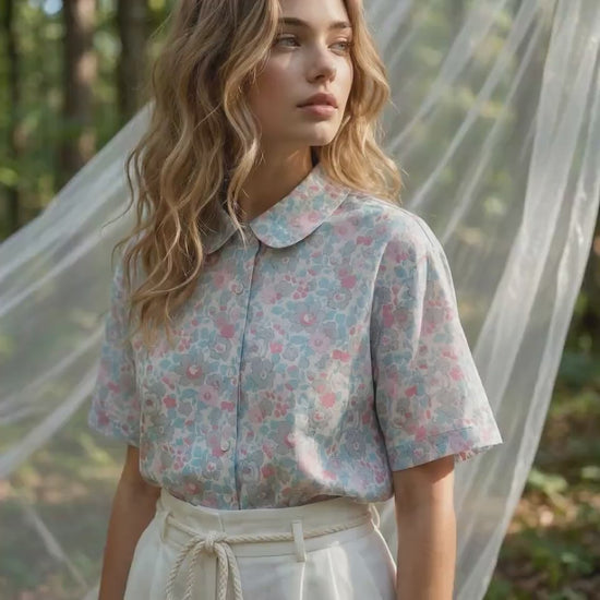 Liberty London Peter-Pan Collared Shirt, Kimono Half-sleeved Blouse, Floral-Print Cotton Button-Up Chemise, Handmade Womenswear